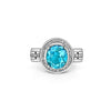 Anciens style rétro, zircon bleu ovale taille 8 carats avec halo de diamants, monté en filigrane de platine et or 18K, Bague
