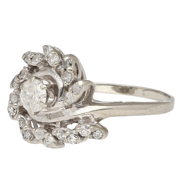 0.45 Carat Old European Cut Diamond Halo 14K White Gold Floral Engagement Ring