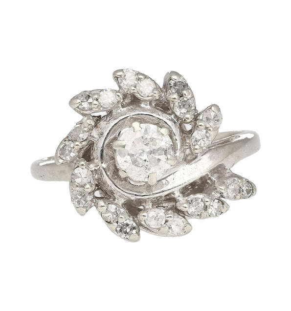0.45 Carat Old European Cut Diamond Halo 14K White Gold Floral Engagement Ring