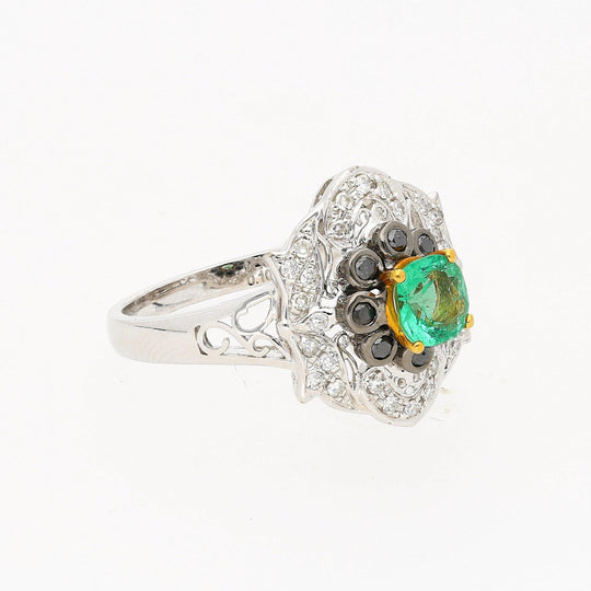 0.48 Carat Cushion Cut Emerald with Black and White Diamonds 14k White Gold Ring