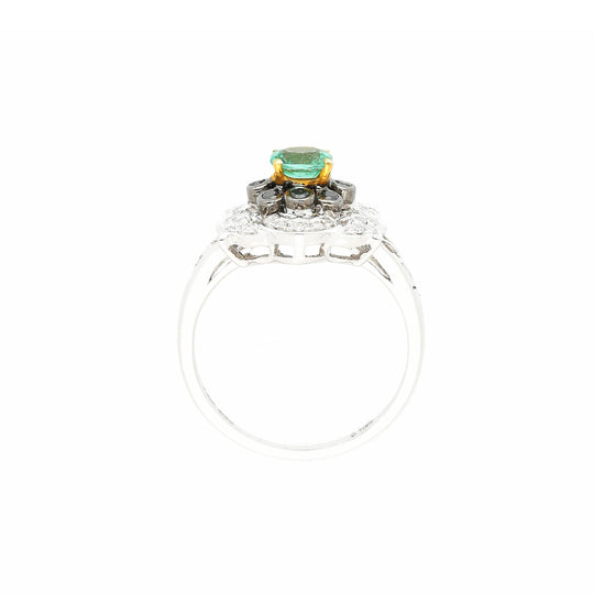 0.48 Carat Cushion Cut Emerald with Black and White Diamonds 14k White Gold Ring