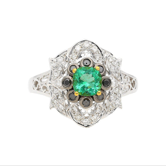 0.48 Carat Cushion Cut Emerald with Black and White Diamonds 14k White Gold Ring