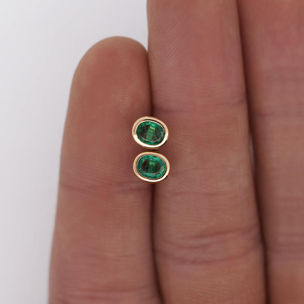 0.50 Carat Oval Emerald Bezel Set 18K Gold Stud Earrings