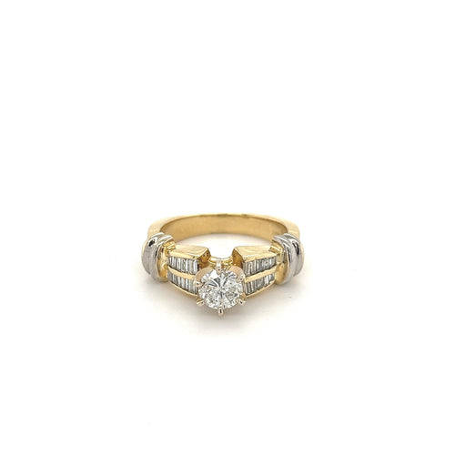 0.70 Carat Round Diamond Ring with Baguette Cut Diamond Side Stones in 14k gold