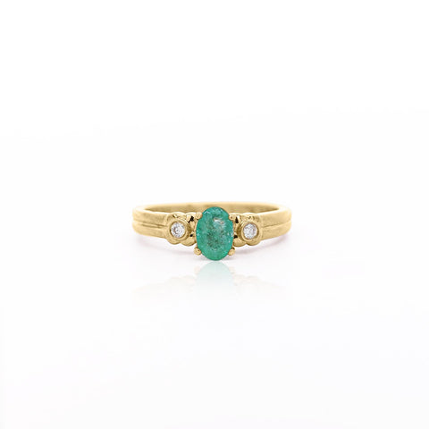 0.75 Carat Oval Cut Emerald & Diamond 3 Stone 14k Ring