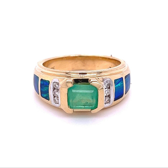 0.76CT Colombian Emerald and Inlaid Opal 14k Yellow Gold Ring