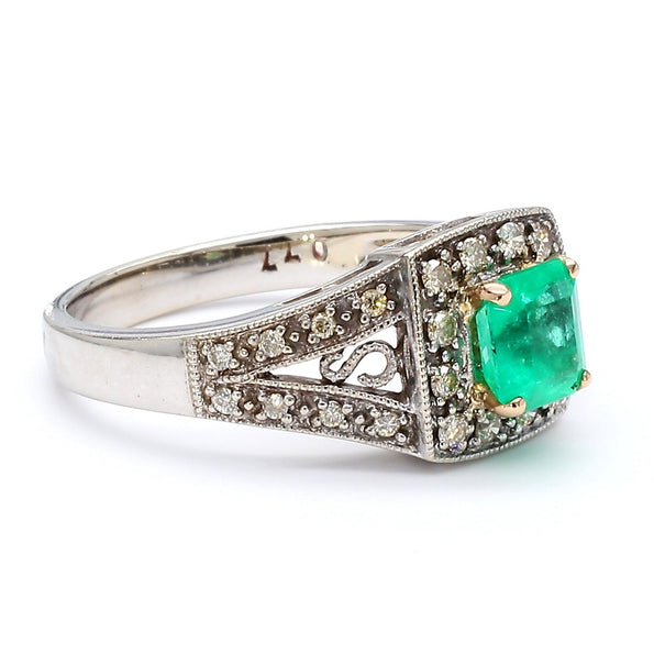 0.77 Carat Square Emerald and Diamond Filigree Halo 14K White Gold Ring