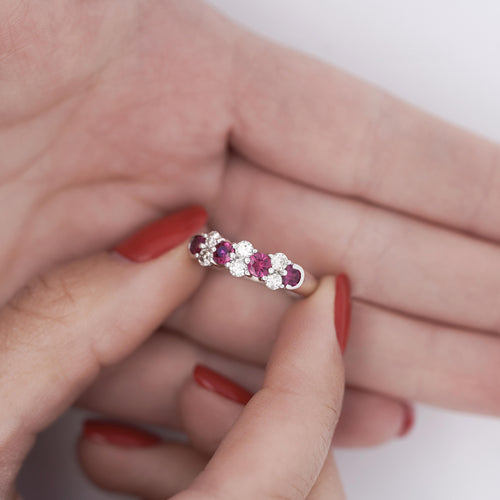 0.77 Round Cut Ruby and Diamond Platinum Cluster Band Ring