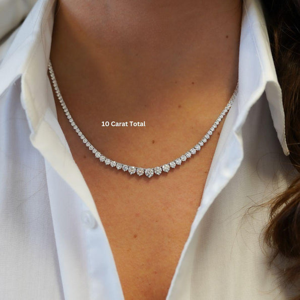 10 Carat Total Diamond 14K White Gold Graduating Riviera Tennis Necklace