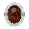 10.08 Carat Black Opal with Baguette and Round Diamond Halo Cocktail Ring