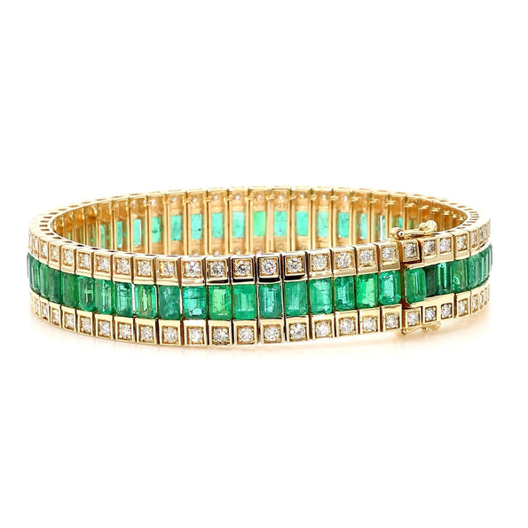 10.18 Carat Emerald and Diamond Baguette 14K Gold Three Row Bracelet