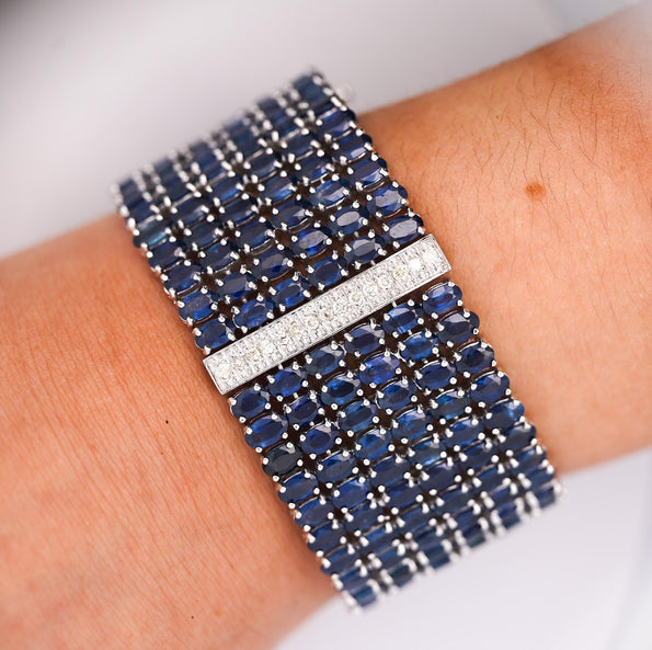 110 Carat Blue Sapphire & Diamond 14K White Gold Six Row Wide Wrap Bracelet
