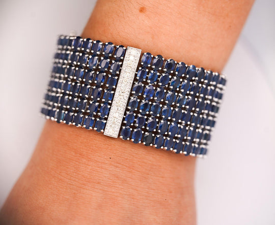 110 Carat Blue Sapphire & Diamond 14K White Gold Six Row Wide Wrap Bracelet