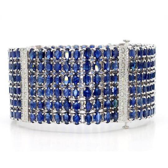 110 Carat Blue Sapphire & Diamond 14K White Gold Six Row Wide Wrap Bracelet