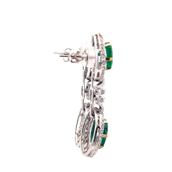 12 Carat Natural Oval Emerald & Rose-Cut Diamond Drop Earrings in 18K White Gold – Assay Jewelers