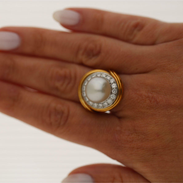 12mm South Sea Pearl 4.26 Carat Diamond 18K Two-Tone Gold Ring and Earring Set