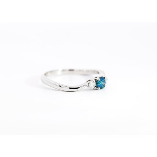 1/3 CTW Natural Blue and White Diamond Curved Mini Three Stone Ring in 14K White Gold