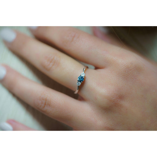 3 CTW Natural Blue and White Diamond Curved Mini Three Stone Ring in 14K White Gold