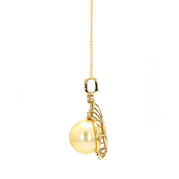 13mm Golden South Sea Pearl & Diamond 18K Gold Pendant Necklace