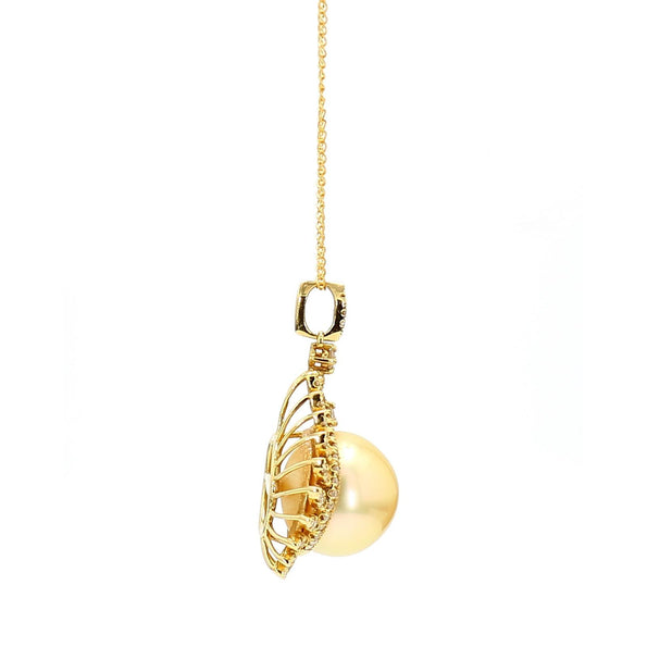 13mm Golden South Sea Pearl & Diamond 18K Gold Pendant Necklace