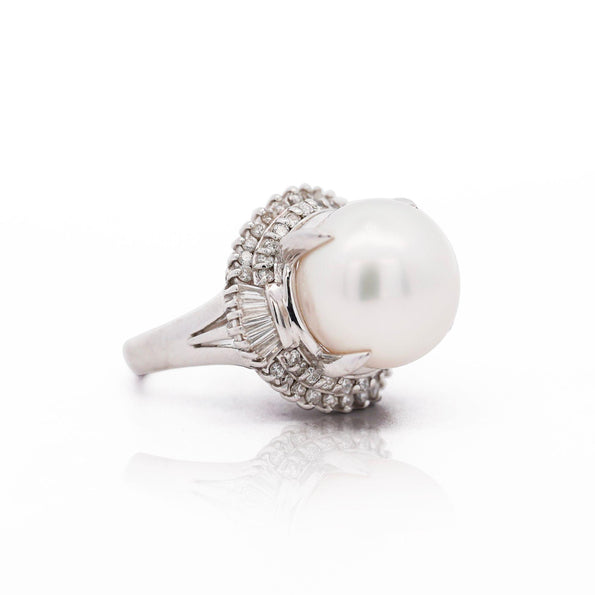 13mm South Sea Pearl & Baguette Diamond Halo Platinum Ballerina Ring