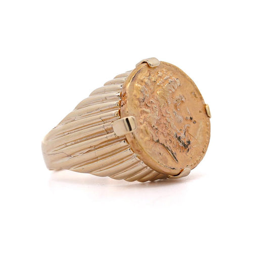 14K Gold Intaglio Zeus Coin Ribbed Band Signet Mens Ring