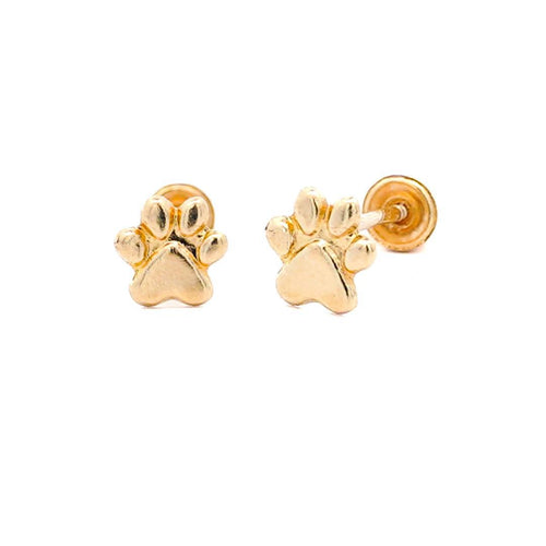 14K Solid Gold Dog Paw Stud Earrings On Screw Back