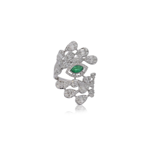 14K White Gold Bypass Diamond & Emerald Snowstorm Ring