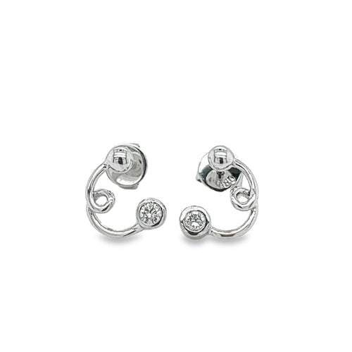 14K White Gold Swirl Earrings With Round Bezel Set Diamonds