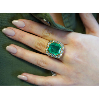 14.51 Carat Insignificant Oil Colombian Emerald & Old Euro Cut Diamond Halo Ring – Assay Jewelers