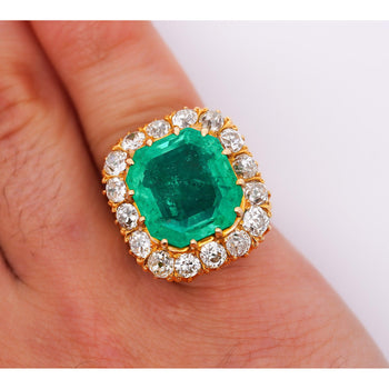 14.51 Carat Insignificant Oil Colombian Emerald & Old Euro Cut Diamond Halo Ring – Assay Jewelers