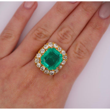14.51 Carat Insignificant Oil Colombian Emerald & Old Euro Cut Diamond Halo Ring – Assay Jewelers