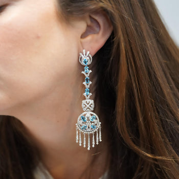 15 Carat Oval Aquamarine & Diamond 18K White Gold Retro Dangle Earrings – Assay Jewelers