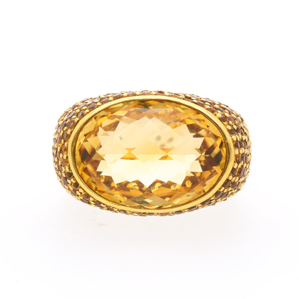 15 Carat Oval Checkerboard Citrine & Citrine Pave 14K Yellow Gold Cocktail Ring