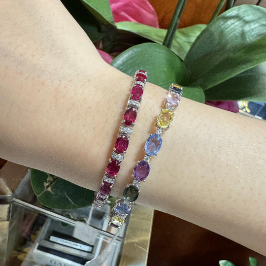 15.63 Carat Multi Color Sapphire & Diamond Bracelet in 18K White Gold Station