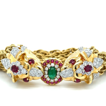 Bracelet chaîne multi-cordons à double tête de lion mordant en or 18K et platine avec émeraudes, diamants et rubis – Assay Jewelers