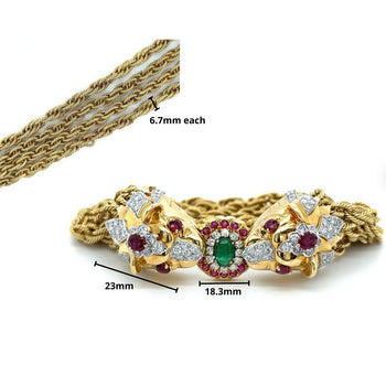 Bracelet chaîne multi-cordons en or 18K et platine avec lion à deux têtes mordant, émeraudes, diamants et rubis – Assay Jewelers