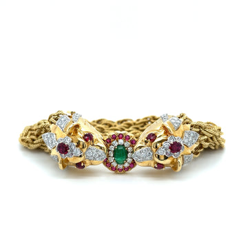 18K or et platine, bracelet à chaîne multi-cordons avec lion à deux têtes mordant, émeraudes, diamants et rubis – Assay Jewelers