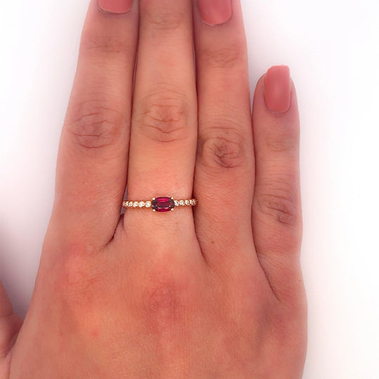 18K Rose Gold Oval Cut Natural Ruby and Diamond Ribbed Bezel Set Ripple Ring