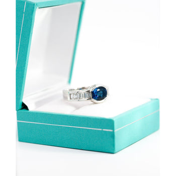 18K White Gold Bezel and Channel Set Oval Cut Blue Sapphire & Baguette Diamond Ring – Assay Jewelers