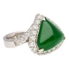 18K White Gold Type A Jadeite Jade Cabochon Cut Triangle Shape and Diamond Halo Ring