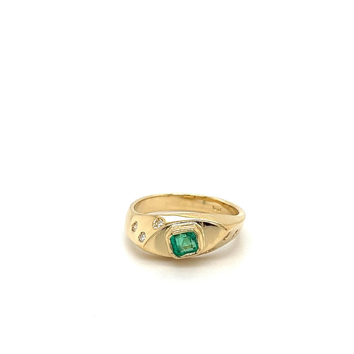 18K Yellow Gold Bezel Set Natural Emerald and Floating Round Diamond Ring