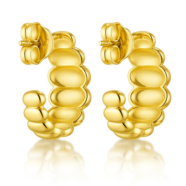 18MM J-Hoop Ribbed and Grooved 14K Gold Earrings