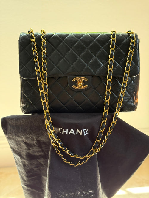 1990s Chanel Vintage Jumbo Single Flap Quilted Lambskin 24k Plated CC Logo