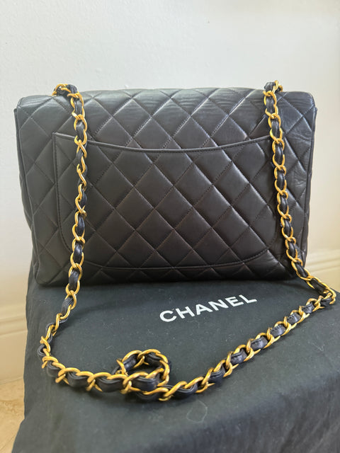 1990s Super Rare Chanel Vintage Jumbo Single Flap Lambskin Navy Blue Crossover