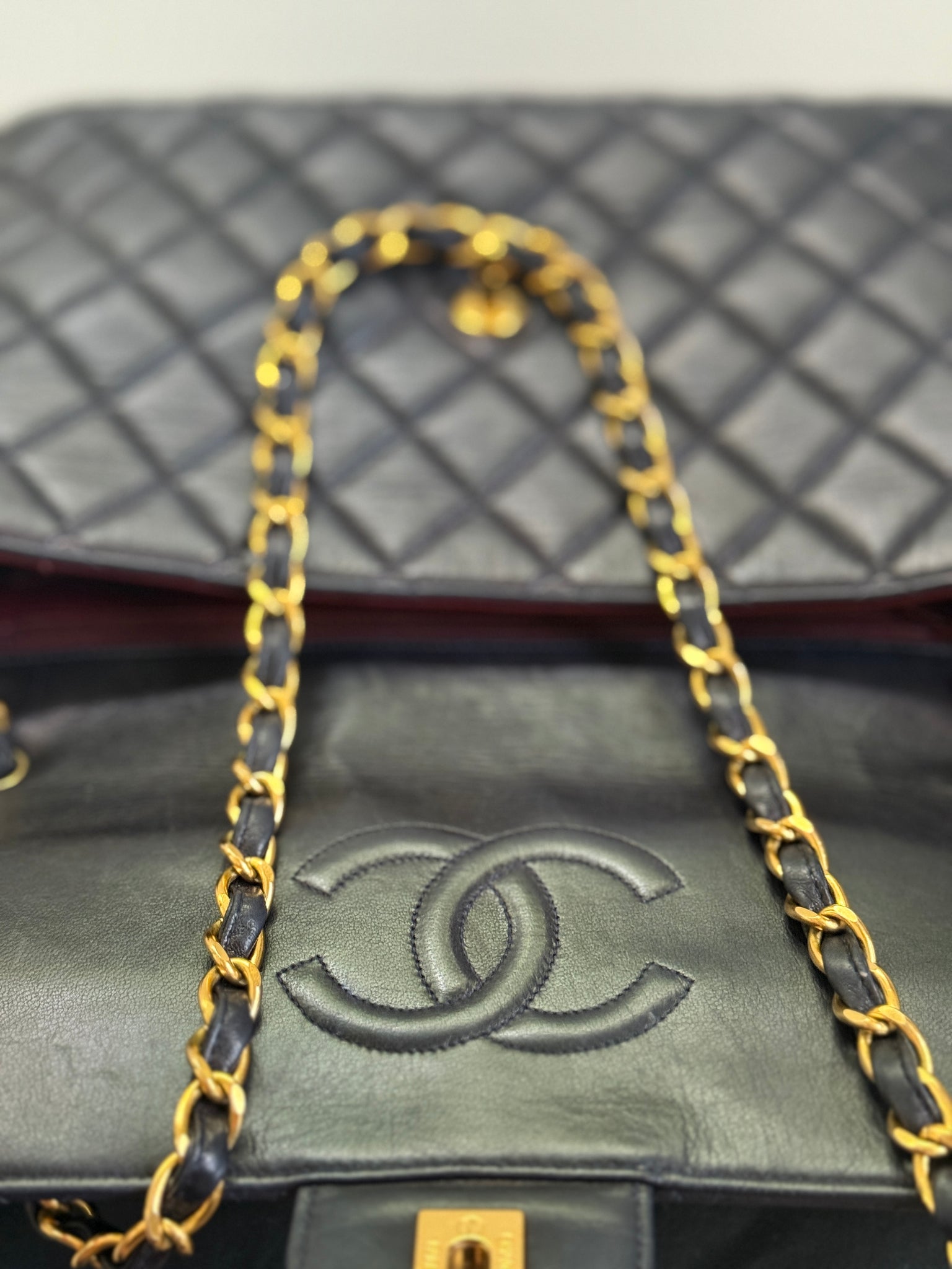 1990s Super Rare Chanel Vintage Jumbo Single Flap Lambskin Navy Blue Crossover