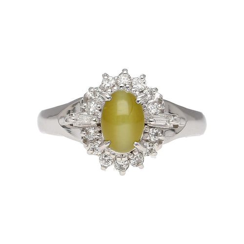 1.04 Carat Green Chrysoberyl Cat's Eye and Diamond Platinum Art Deco Style Ring