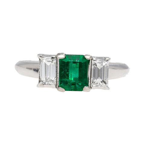 1.07 Carat Square-Cut Emerald and Diamond Three Stone Platinum Ring