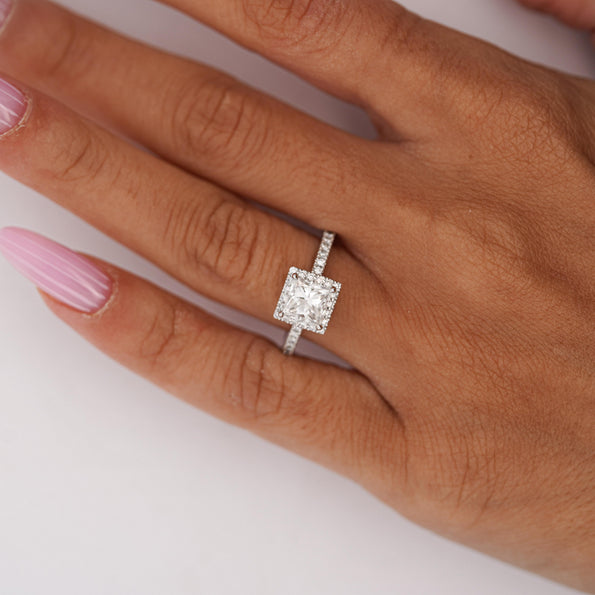 1.11 Carat G/SI2 Princess Cut Diamond Pave Halo Set in Platinum Engagement Ring