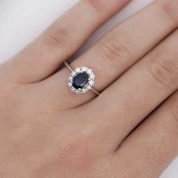 1.14 Carat Oval Deep Blue Sapphire & Round Diamond 18K White Gold Statement Ring – Assay Jewelers